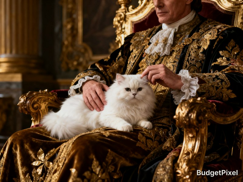 Ornately robed 18th century nobleman sits on gilded throne, gently petting a fluffy white Persian...