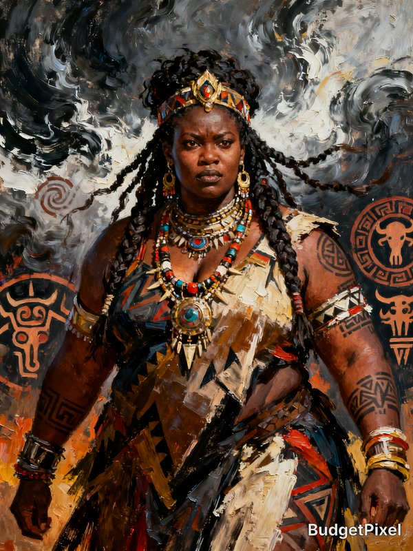 Impasto oil portrait of a stern, powerful Black African warrior queen adorned with tribal jewelry...