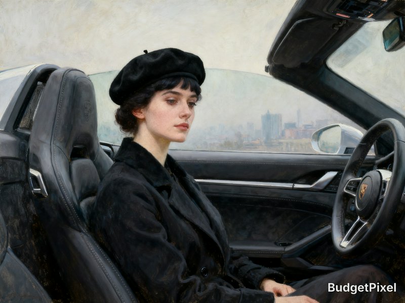 Painterly portrait of elegant woman in black beret seated in a luxury Porsche convertible, misty ...