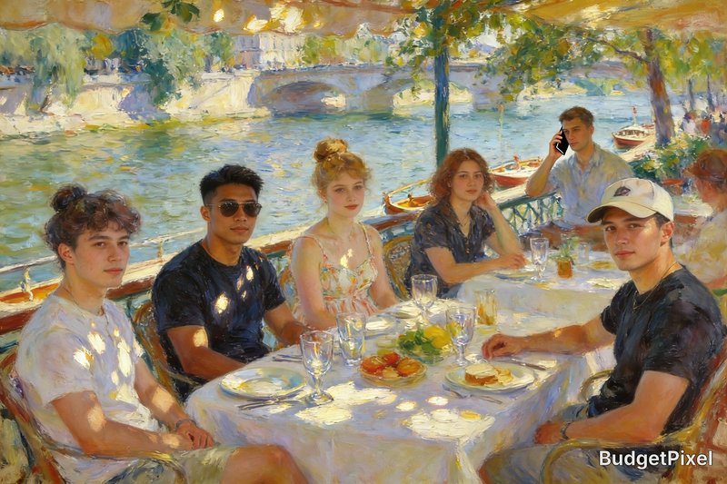 Impressionist oil painting of young friends dining al fresco at a sunlit Paris riverside café ove...