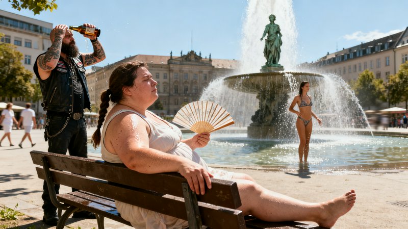 People cooling off from extreme summer heat beside an ornate statue fountain in a sunny historic ...