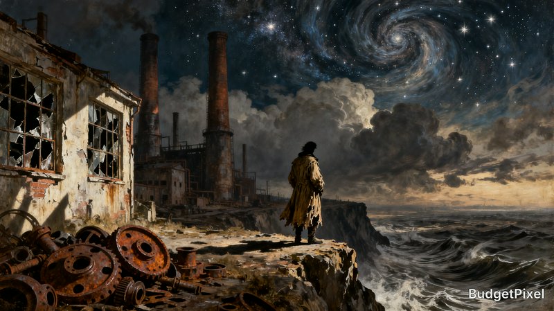 Lone wanderer stands on a cliff edge beside derelict factory ruins under a swirling spiral starry sky above stormy ocean