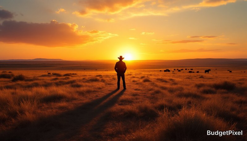 Silhouetted cowboy stands on open grassy prairie, watching golden sunset with grazing cattle scat...