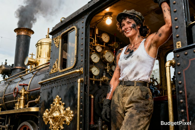 Smiling soot-stained female train engineer leans out of the cab of an ornate vintage steam locomo...