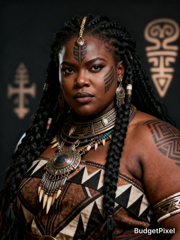 Cinematic portrait of a powerful regal African warrior queen with traditional tattoos, ceremonial...