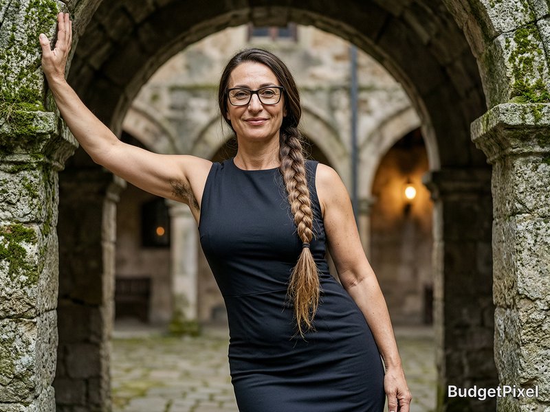 Smiling middle-aged woman with glasses and long side braid poses under a mossy historic stone arc...
