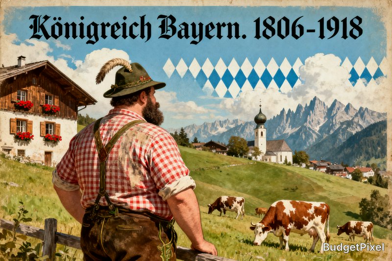 Vintage Kingdom of Bavaria poster: Farmer in traditional alpine attire overlooks pastoral alpine ...
