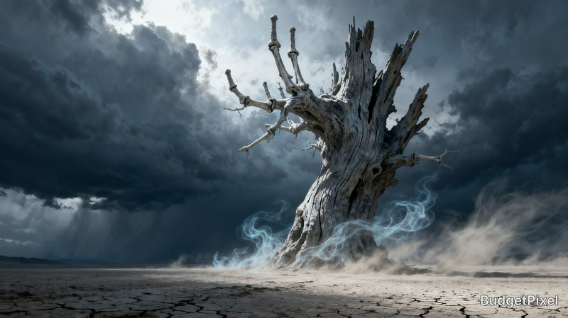 Surreal gnarled dead tree with skeletal hand-shaped branches stands in a cracked desert, wreathed...