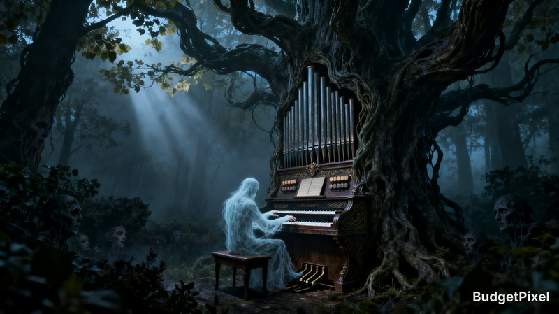 Ethereal translucent ghost plays pipe organ built into a gnarled ancient tree in a misty, spooky ...
