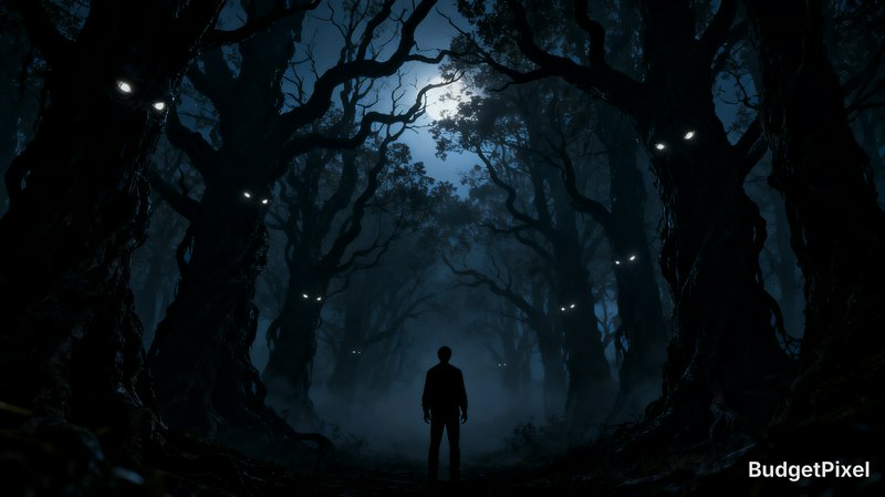 Silhouetted person stands alone in a spooky moonlit forest surrounded by trees with glowing watch...