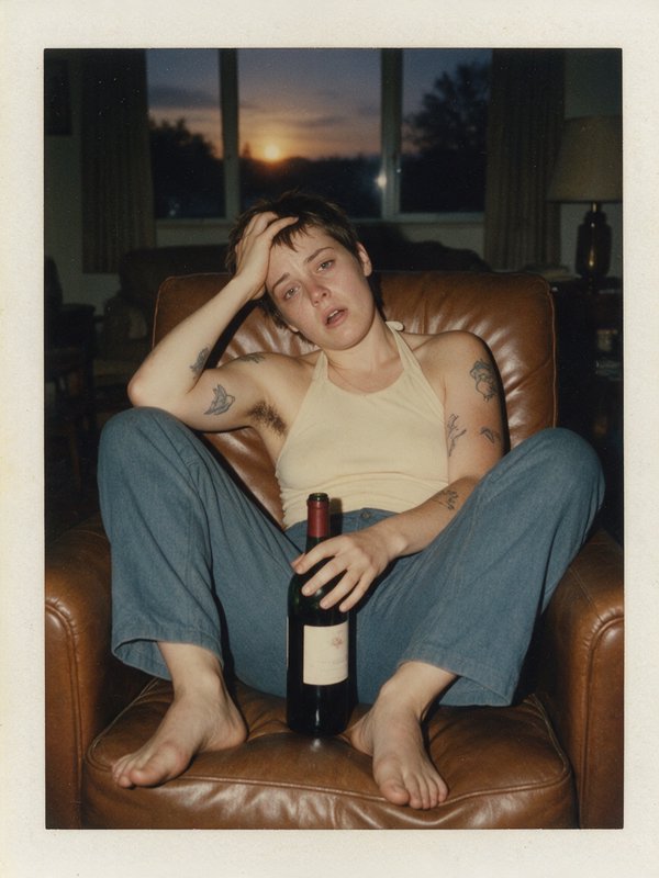 Tired tattooed person slumps in a brown leather armchair holding a wine bottle at sunset