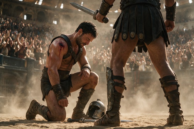 Wounded kneeling gladiator bows his head before a standing sword-wielding opponent inside a dusty Roman coliseum