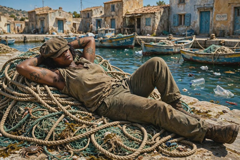 Tattooed fisherman rests atop tangled fishing nets on a sunlit Mediterranean harbor dock