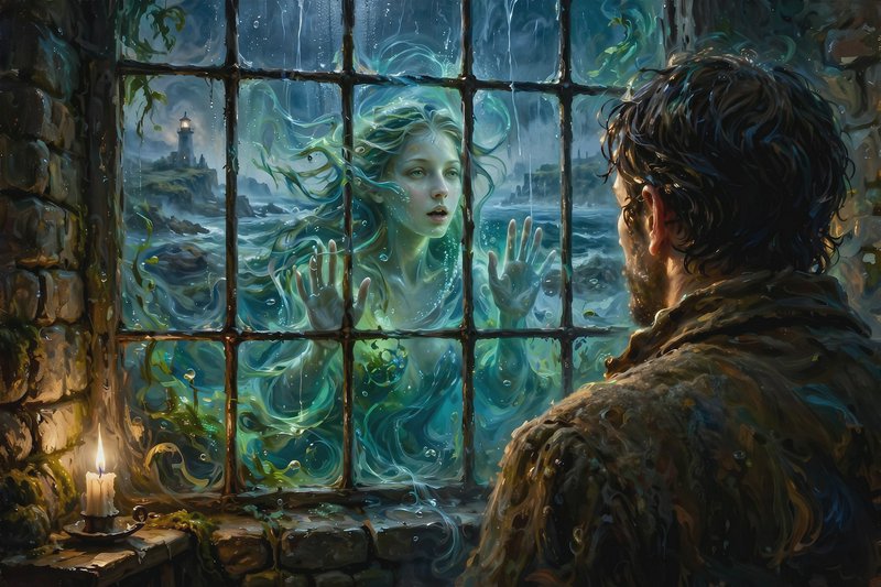 Bearded lighthouse keeper gazes at an ethereal sea spirit pressing hands to his stormy cottage wi...