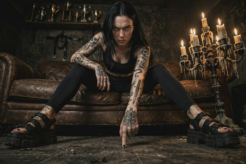 Stern heavily tattooed woman points at the floor while seated on a worn leather couch beside a li...