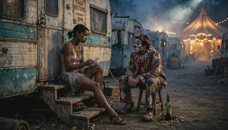 Two weary circus performers sit talking outside weathered trailers at a foggy dusk carnival camp