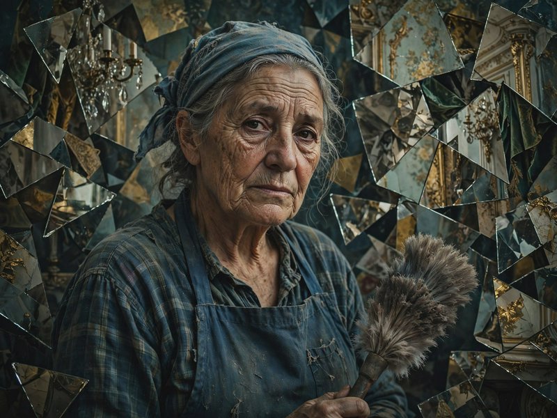 Elderly housekeeper holding a feather duster standing before a fragmented gilded mirror wall