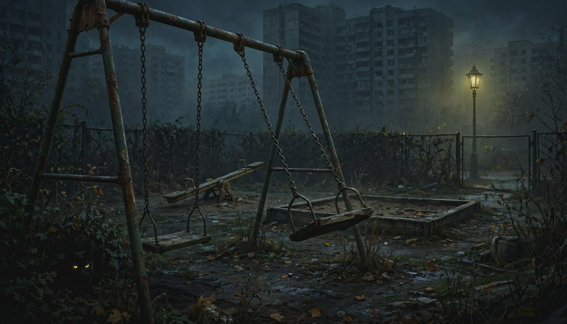 Rusted abandoned playground sits fog-shrouded in a derelict Soviet housing estate at dim twilight