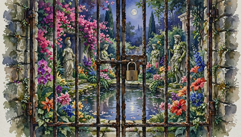 Rusted locked iron gate frames a moonlit overgrown classical secret garden with statues and a lily pond