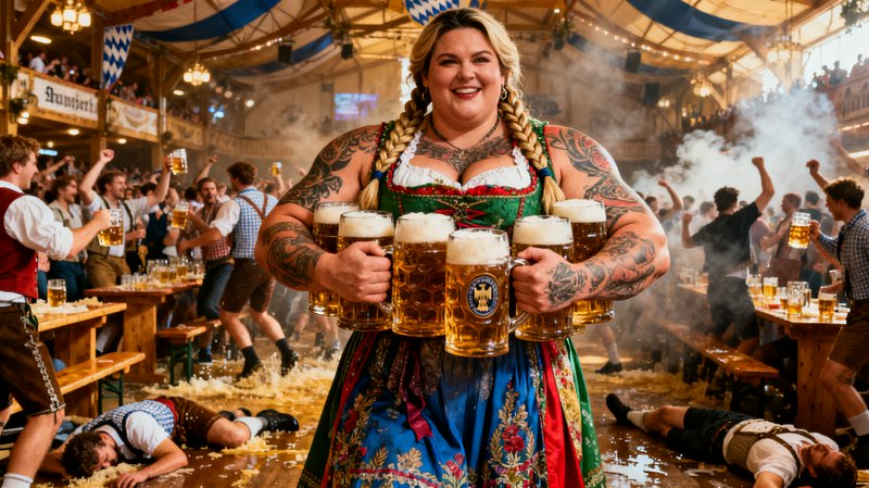 Muscular tattooed woman in a traditional dirndl holds multiple frothy beer steins inside a chaoti...