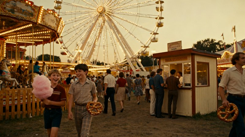 Two smiling boys walk through a vintage dusk carnival holding pink cotton candy and giant pretzels