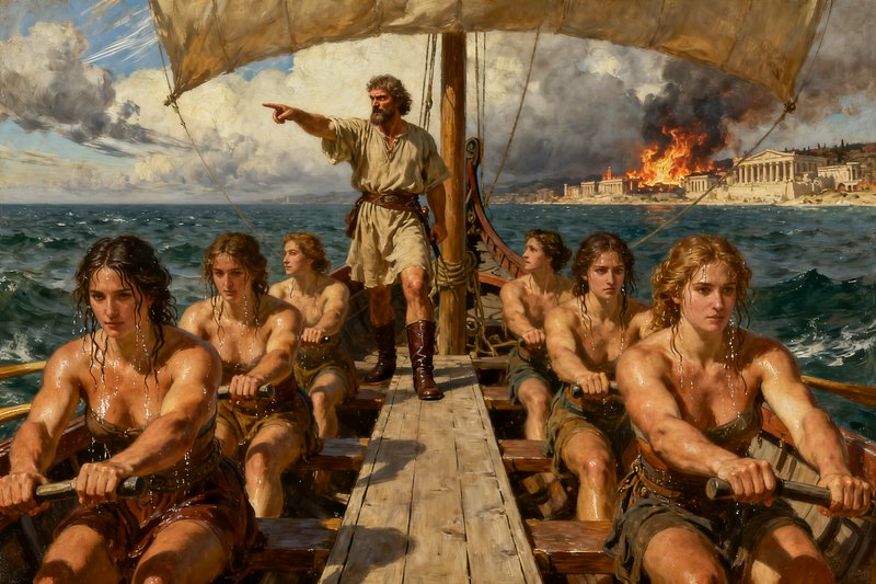 Ancient Greek galley crew rows across choppy seas as a captain points, with a burning coastal cit...