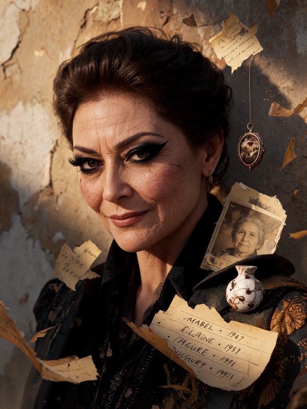 Elegant mature woman with dramatic winged eyeliner surrounded by floating vintage heirlooms again...