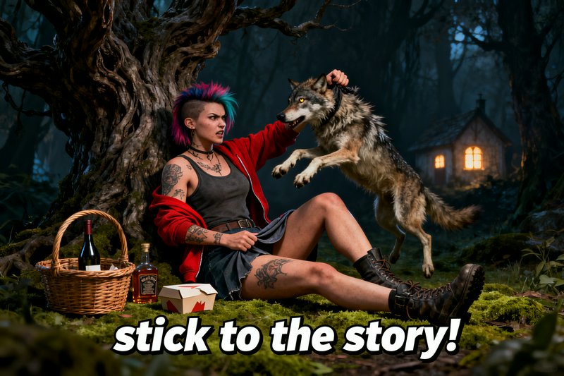 Tattooed punk woman with a colorful mohawk holds a leaping wolf by its collar in a dark forest pi...