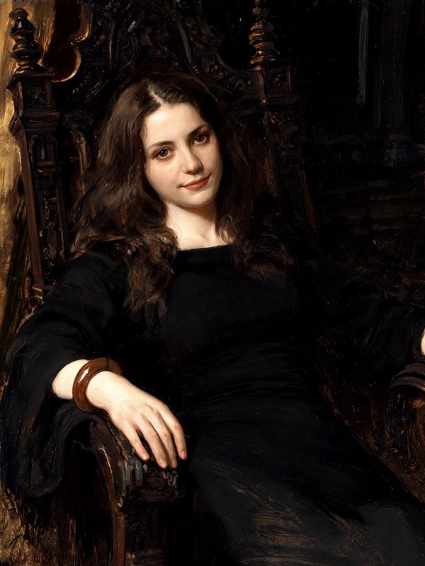 Young woman in a black gown reclining in an ornate carved dark wooden armchair