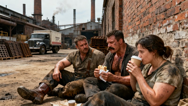 Three grimy industrial workers sit on the ground taking a lunch break against an old factory bric...