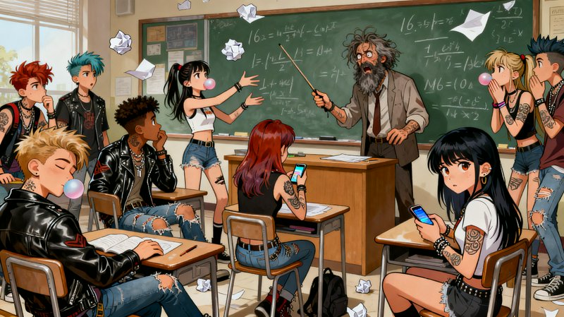 Frazzled math teacher stands in a chaotic sunlit high school classroom full of rowdy anime teen s...