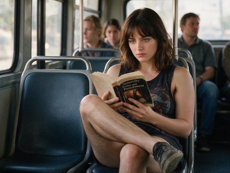 Young woman reads Dostoevsky's Crime and Punishment while seated on a city bus