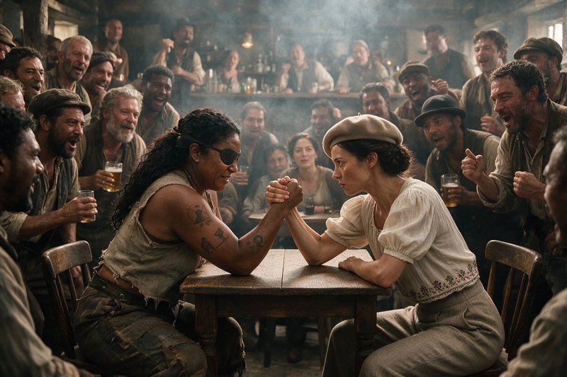 Two women arm wrestle across a wooden table while a crowded smoky tavern of cheering onlookers su...