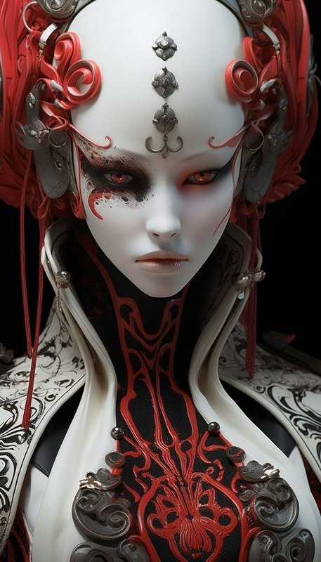 Close-up portrait of an otherworldly pale fantasy female character with red accents, metallic reg...
