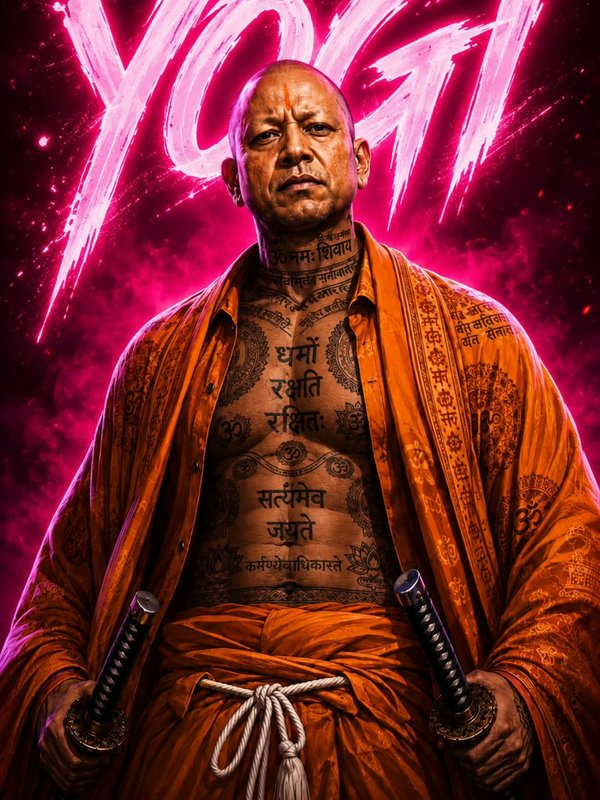 Stern warrior yogi with Sanskrit tattoos holds dual katanas beneath glowing pink neon YOGI text