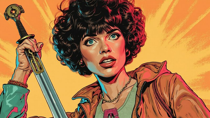 Pop art comic portrait of a wide-eyed woman with curly hair holding an ornate sword against an or...