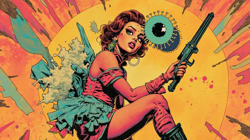 Vibrant pop art comic illustration of a retro-futuristic woman holding a sci-fi ray gun, with a f...