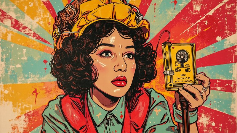 Pop art portrait of a woman with curly hair and yellow headwrap holding a vintage radio, set agai...