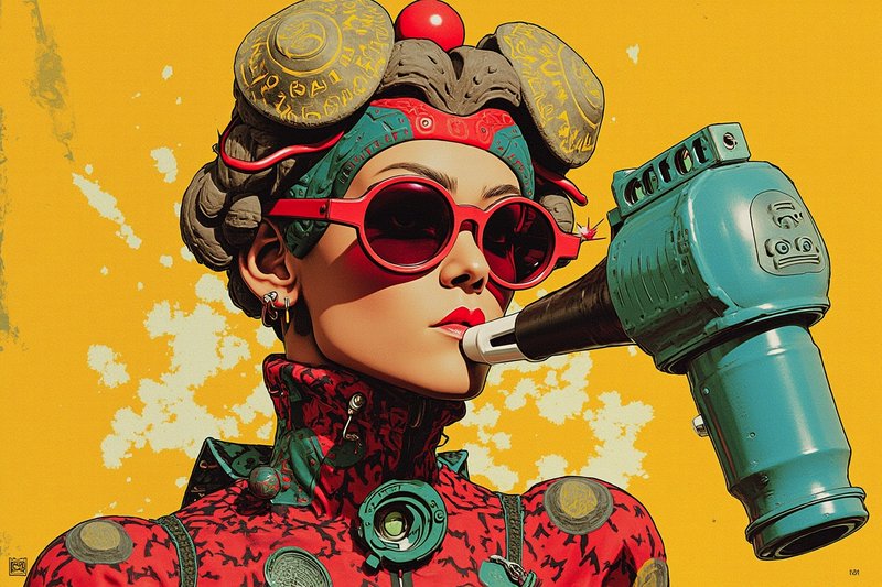 Stylized retro-futuristic steampunk woman in red sunglasses with attached teal gadget on bright t...