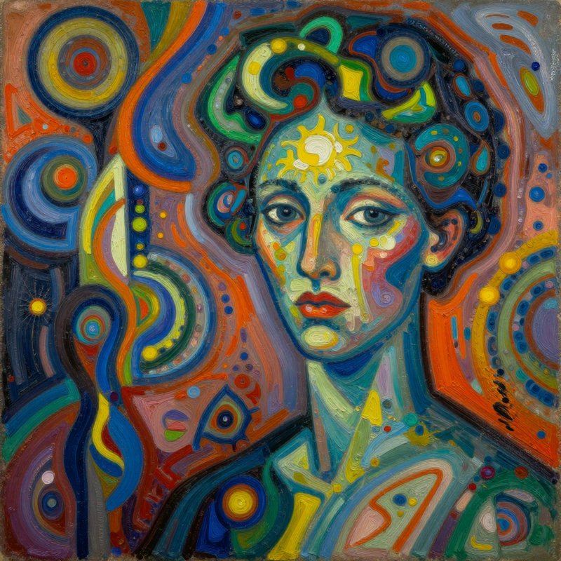 Textured abstract expressionist portrait of a woman with a sun forehead motif, surrounded by swir...