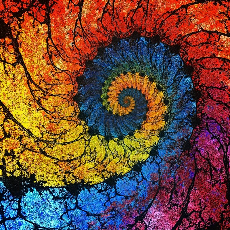 Vibrant psychedelic fractal spiral art with rainbow gradient and intricate black branching vein t...