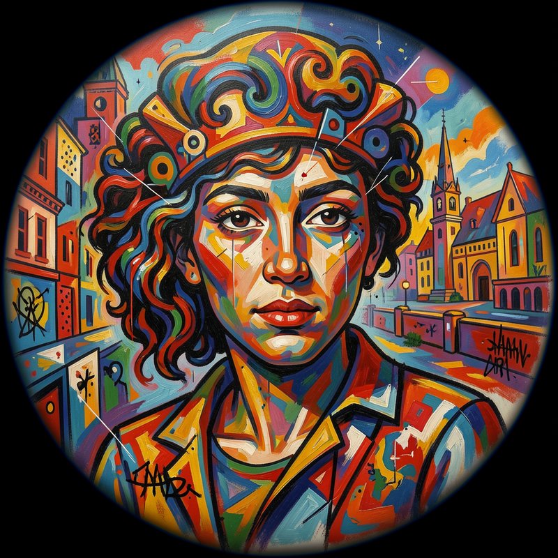 Vibrant cubist portrait of a woman with swirling colorful curly hair, set against a bright styliz...