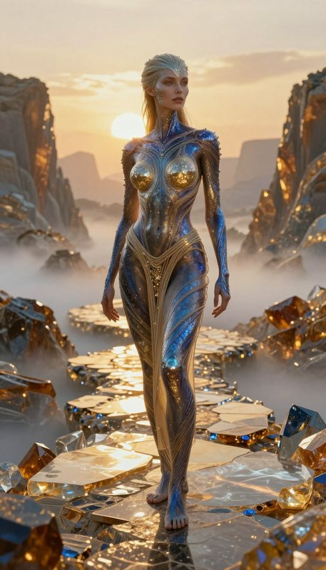 Regal alien humanoid woman in iridescent blue-gold attire stands on a glowing crystal alien lands...