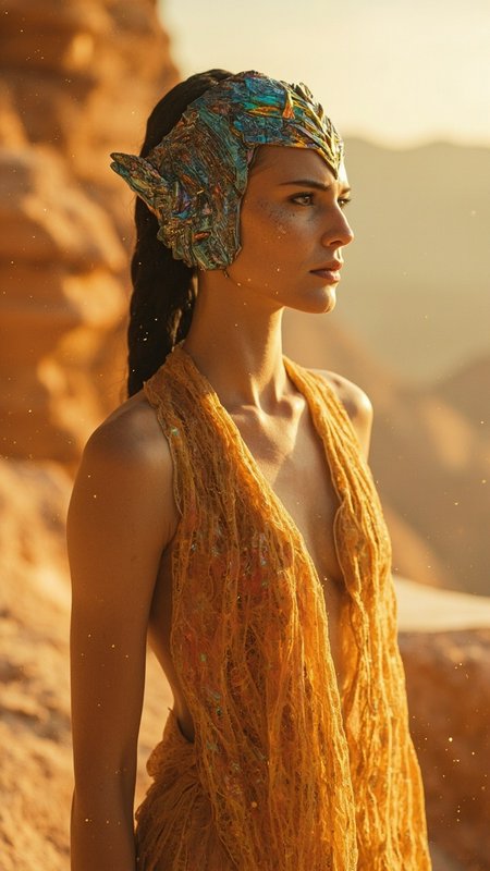 Profile view of stoic fantasy desert queen wearing iridescent sculpted headdress, standing in sun...