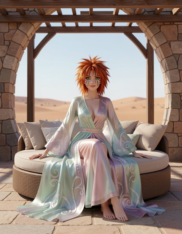 3D rendered anime character with spiky orange hair sits on a plush outdoor lounge under a stone pergola overlooking
