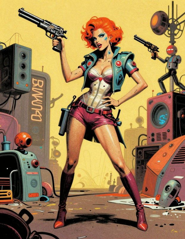 Red-haired retro-futuristic gunslinger holds a large pistol standing beside an armed tiny robot among vintage tech