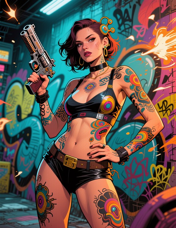 Heavily tattooed cyberpunk woman holding a custom revolver in a graffiti covered neon alley