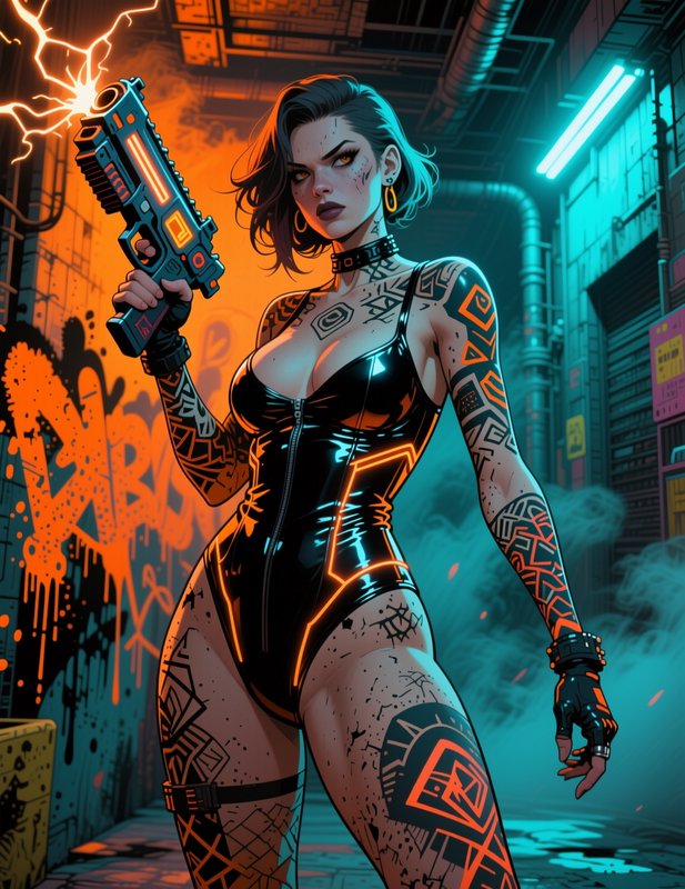 Tattooed cyberpunk woman holds a crackling energy gun in a neon lit industrial alley