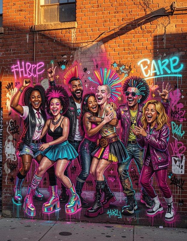 Diverse joyful punk friends posing and celebrating against a neon graffiti covered red brick alley wall