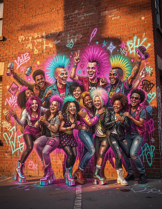 Joyful diverse group of punk friends with bright mohawks pose in front of a graffiti covered brick wall